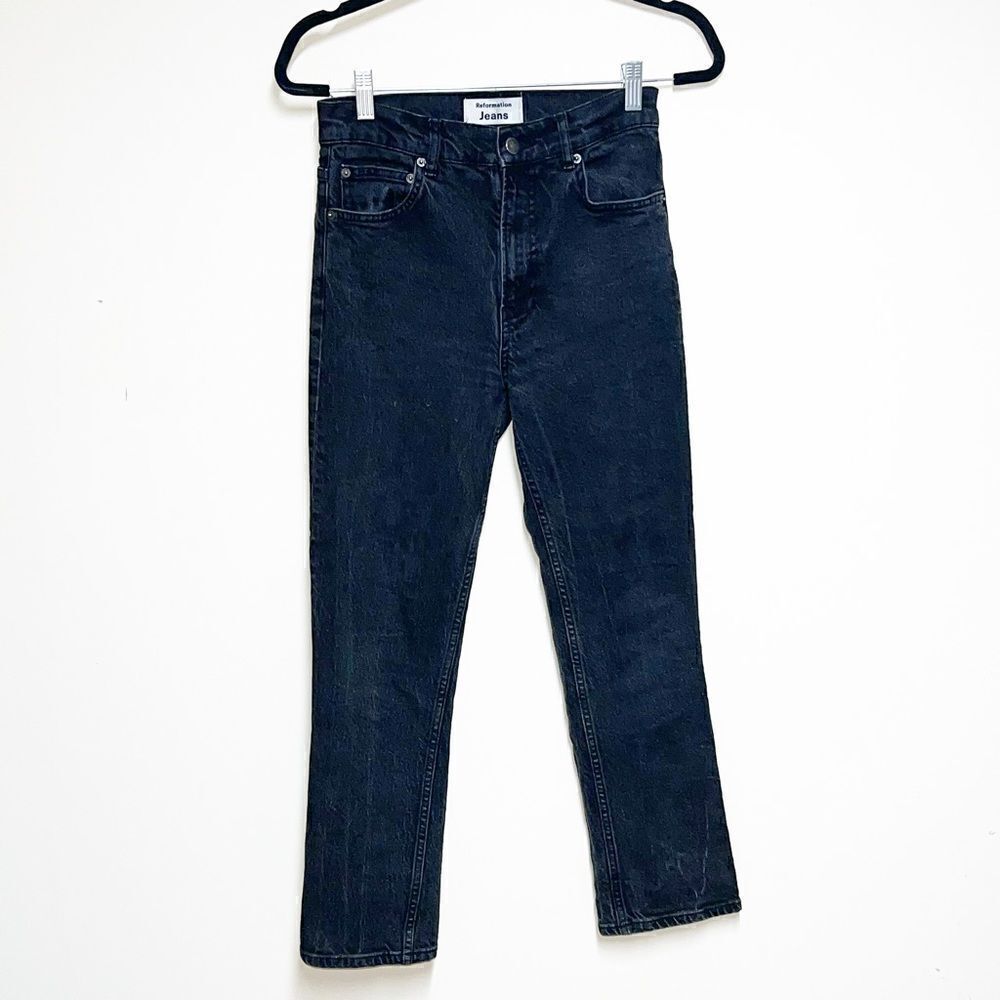 Reformation Liza High Waist Straight Leg Crop Jeans Faded Black Wash Sz 26